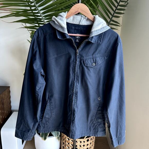 Volcom Blue Utility Jacket w/ Gray Hoodie Streetwear Casual Layer M - Picture 1 of 9